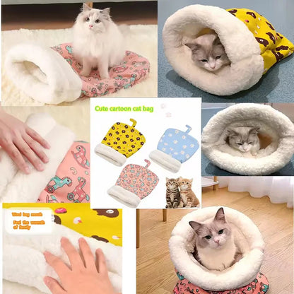 Premium Plush Semi-Enclosed Cat Bed - Cozy Winter Sleeping Bag for Year-Round Comfort