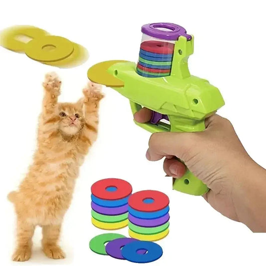 Interactive Colorful Flying Discs Set for Cats and Dogs - Pet Toy Gun Launcher for Indoor and Outdoor Training and Chasing