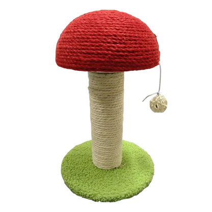 Red Mushroom-Shaped Cat Scratching Post with Sisal Pad, Mini Pet Villa, and Green Pom-Pom Base