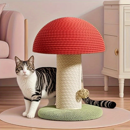 Red Mushroom-Shaped Cat Scratching Post with Sisal Pad, Mini Pet Villa, and Green Pom-Pom Base