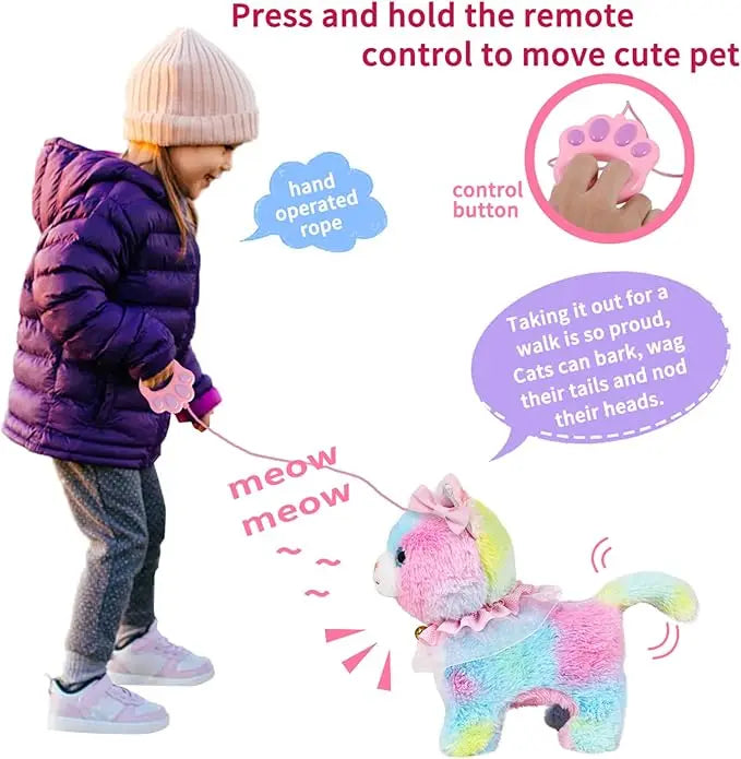 Interactive Realistic Walking Toy Cat for Children, Touch and Voice-Controlled Remote with Leash, Wags Tail, Ideal Birthday and Christmas Gift