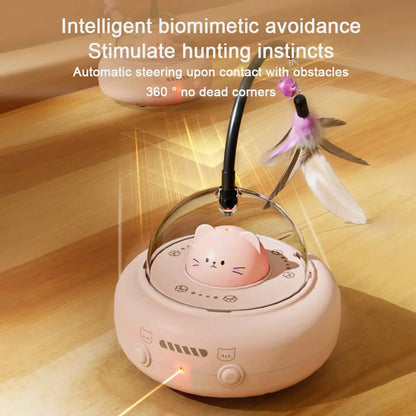 Advanced Interactive Cat Toy with Feather and Laser Features, 360° Obstacle Avoidance, Auto Standby, and USB Rechargeable Design