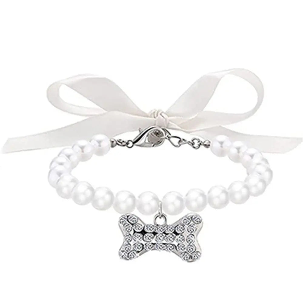 Elegant Small Pet Bow Collar with Bone Pendant and Pearl Accents for Cats and Kittens