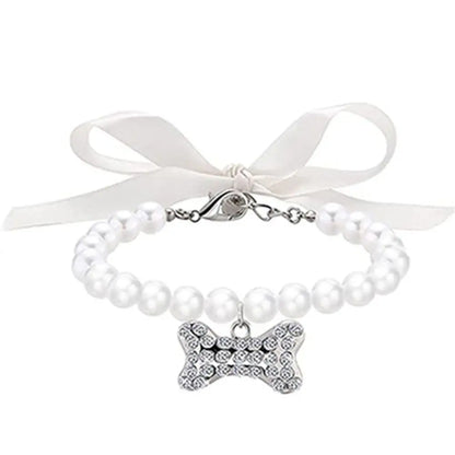 Elegant Small Pet Bow Collar with Bone Pendant and Pearl Accents for Cats and Kittens