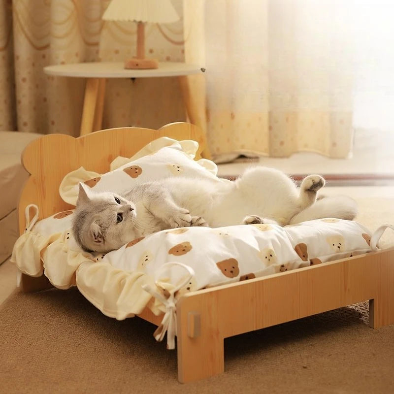 Elegant Wooden Cat Bed - Removable and Washable, Four-Season Design for Cozy Resting