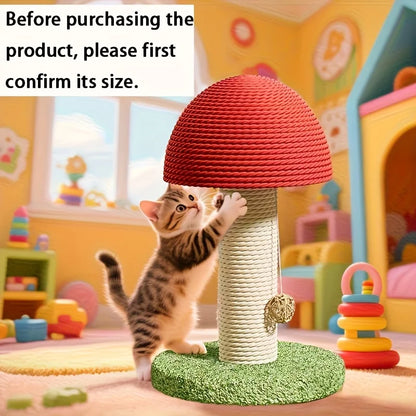 Red Mushroom-Shaped Cat Scratching Post with Sisal Pad, Mini Pet Villa, and Green Pom-Pom Base