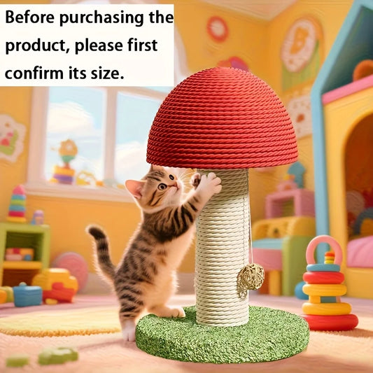 Red Mushroom-Shaped Cat Scratching Post with Sisal Pad, Mini Pet Villa, and Green Pom-Pom Base