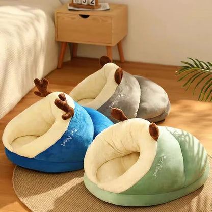 Winter Cozy Small Dog Kennel Bed - Breathable Slippers-Shaped Pet House, Foldable and Washable for Cats and Dogs