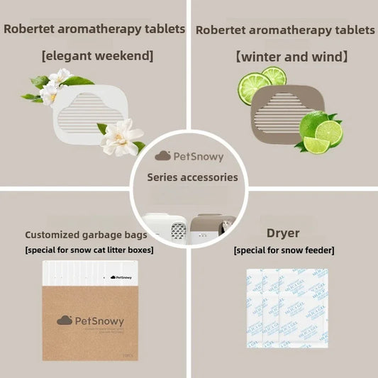 PetSnowy Premium Cat Litter Box Accessories: Garbage Bags, Aromatherapy Tablets, Feeder, and Desiccant Supplies for Effective Housebreaking