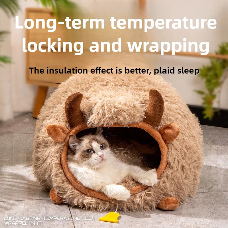 Yak-Shaped Semi-Enclosed Cat Bed - All-Season Winter Warmth for Cats and Small Dogs