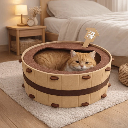 Semi-Enclosed Barrel-Shaped Cat House - Comfortable and Durable Cat Bed Cave for All Seasons