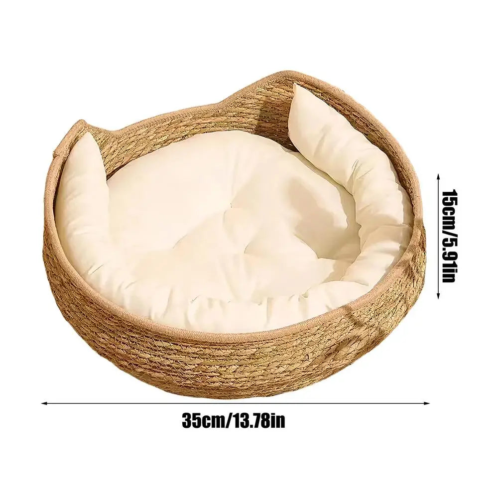 Luxury Bamboo Weave Pet Bed with Removable Cushion - Cozy All-Season Dog and Cat Sleeping Nest