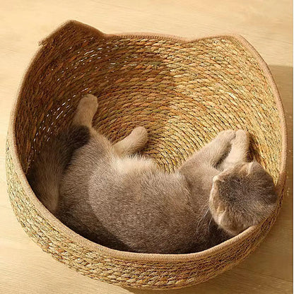 Luxury Bamboo Weave Pet Bed with Removable Cushion - Cozy All-Season Dog and Cat Sleeping Nest