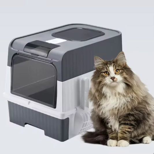 Large Foldable Cat Litter Box with Scoop and Lid, Front Entry/Top Exit Design, Odor Control, Easy to Clean