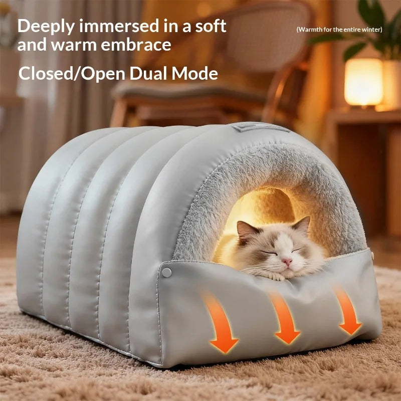 Premium Semi-Enclosed Cat Bed - Washable Warm Cave House with Non-Slip Waterproof Base for Indoor Cats - Anti-Anxiety Design