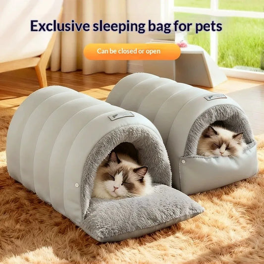 Premium Semi-Enclosed Cat Bed - Washable Warm Cave House with Non-Slip Waterproof Base for Indoor Cats - Anti-Anxiety Design