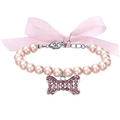Elegant Small Pet Bow Collar with Bone Pendant and Pearl Accents for Cats and Kittens