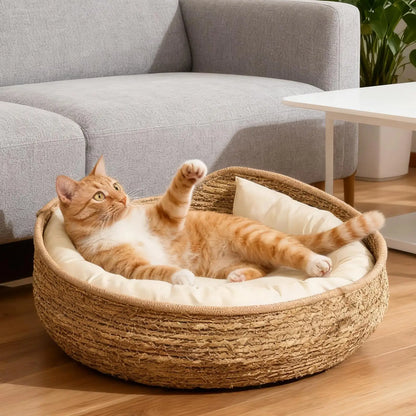 Luxury Bamboo Weave Pet Bed with Removable Cushion - Cozy All-Season Dog and Cat Sleeping Nest