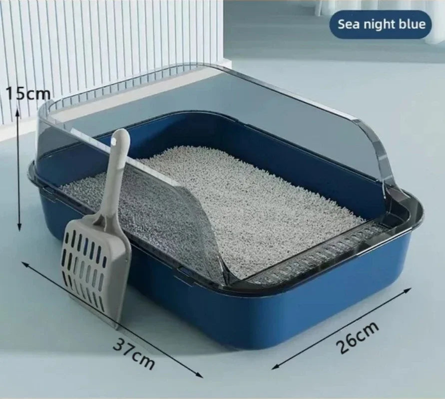 Semi-Enclosed Splashproof Cat Litter Box - Kitty Sandbox with Cleaning Basin Supplies