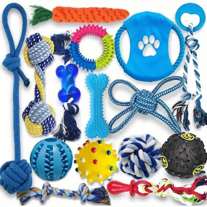 15-Piece Durable Dog Toy Set for Aggressive Chewers, Featuring Rope Tug-of-War Chew Sticks and Unbreakable Rubber Balls for Small, Medium, and Large Breeds