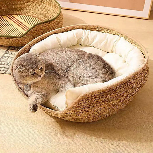 Luxury Bamboo Weave Pet Bed with Removable Cushion - Cozy All-Season Dog and Cat Sleeping Nest