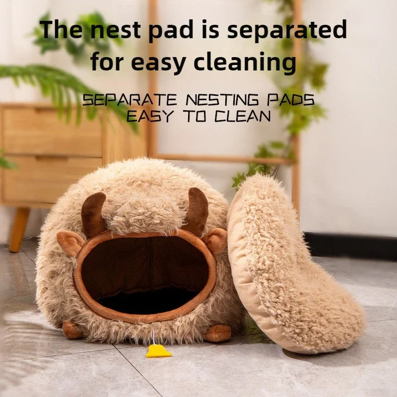 Yak-Shaped Semi-Enclosed Cat Bed - All-Season Winter Warmth for Cats and Small Dogs