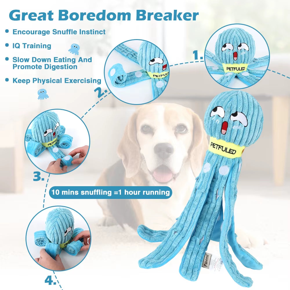 Plush Purple and Blue Octopus Dog Toy with Squeaker - Interactive Chew Toy for Medium Dogs, Ideal for Hiding Treats