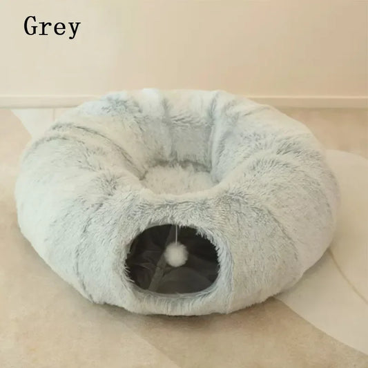 Dual-Function Round Cat Bed and Tunnel Toy - Soft Plush Bed for Small Dogs and Kittens, Winter Kennel Mat