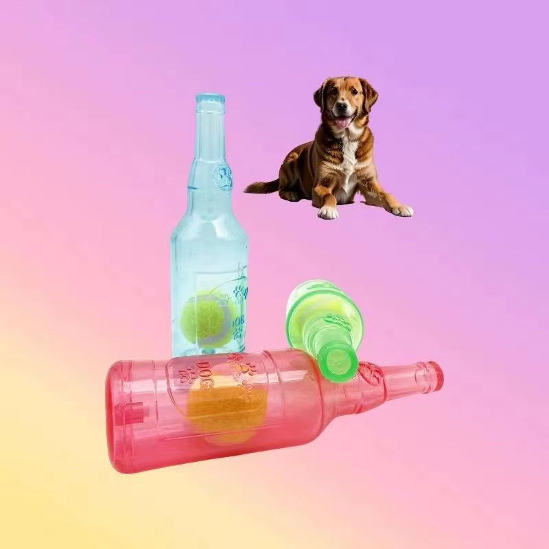 Interactive Dog Chewing Toy: Beer Bottle Design with Tennis Ball and Squeaker for Engaging Playtime