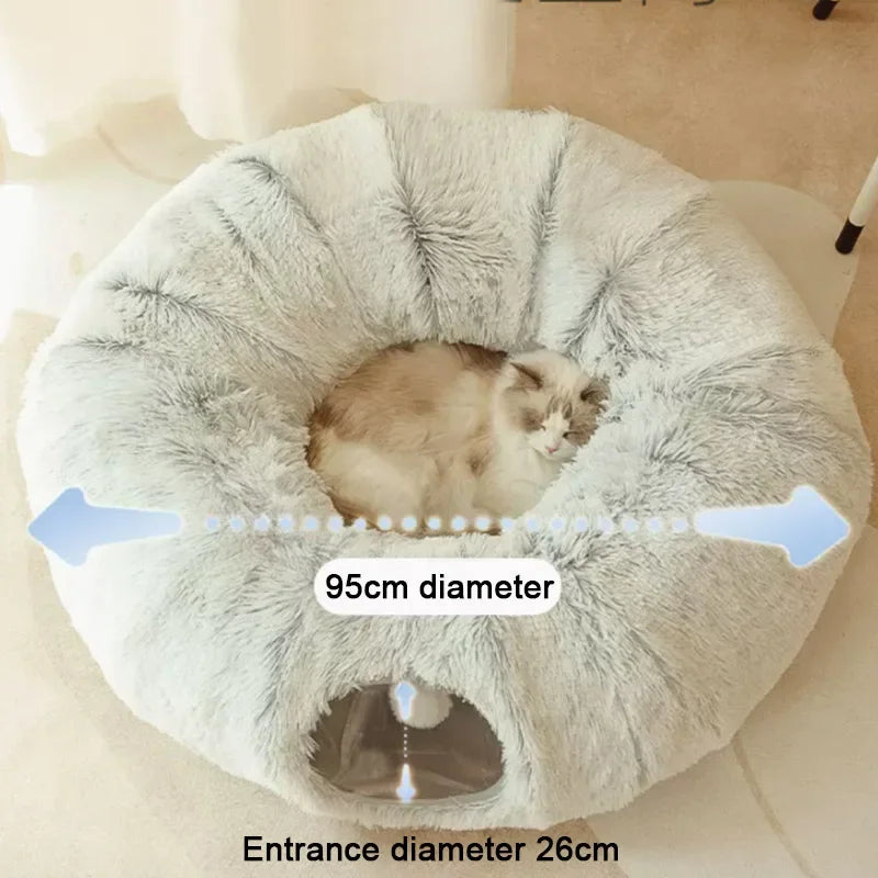 Dual-Function Round Cat Bed and Tunnel Toy - Soft Plush Bed for Small Dogs and Kittens, Winter Kennel Mat