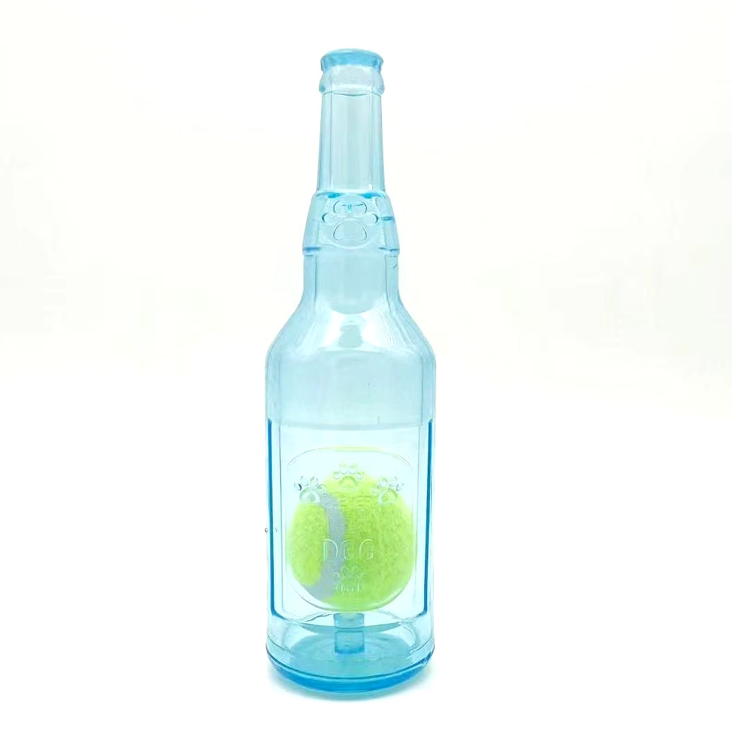 Interactive Dog Chewing Toy: Beer Bottle Design with Tennis Ball and Squeaker for Engaging Playtime