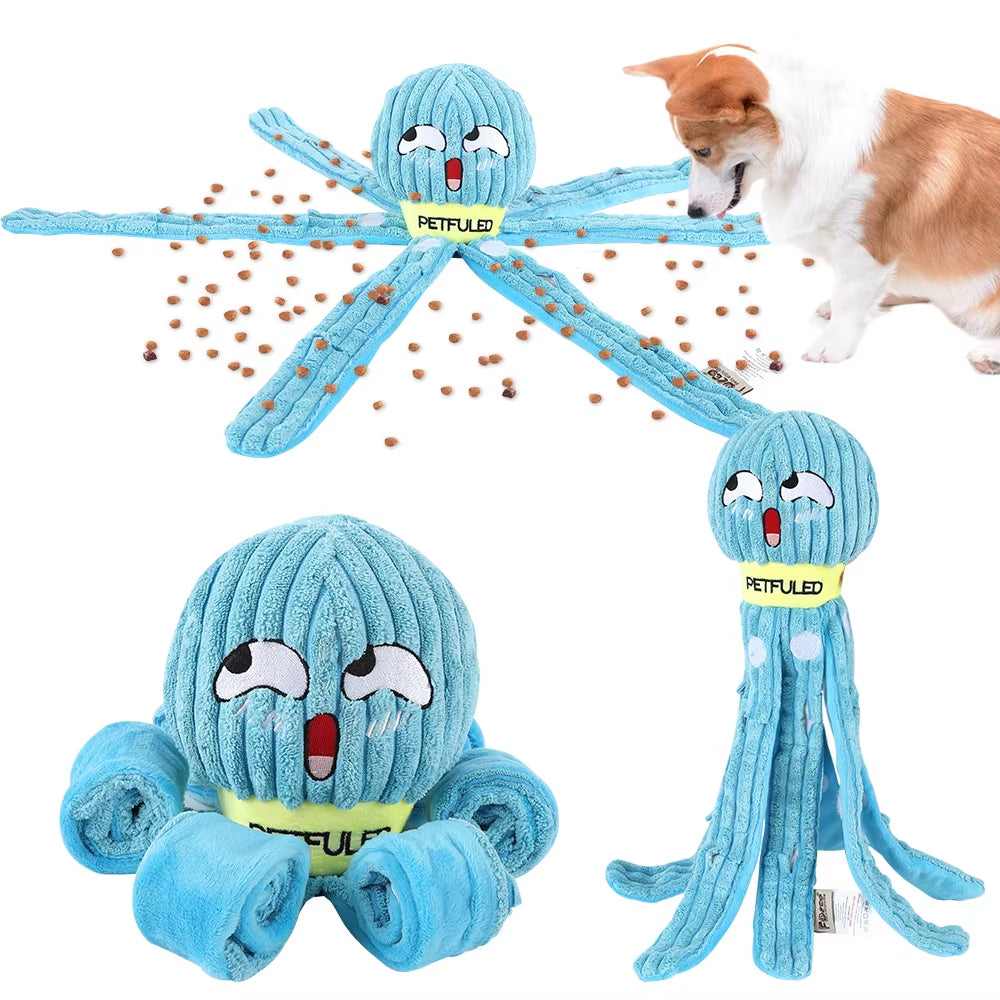 Plush Purple and Blue Octopus Dog Toy with Squeaker - Interactive Chew Toy for Medium Dogs, Ideal for Hiding Treats